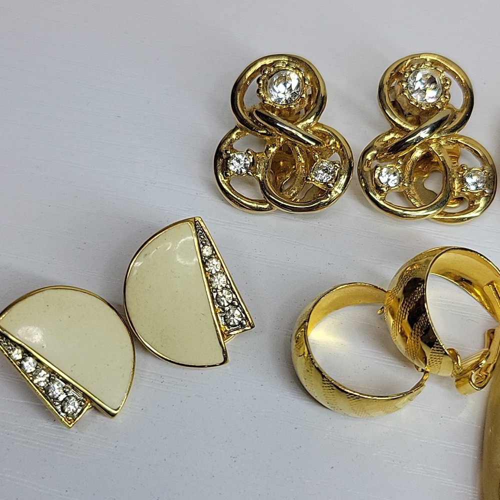 Gold-Tone and Cream Mixed Clip On Earring Set. - Picture 2 of 6